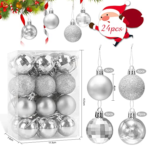 4cm Bolas Navidad Plata, 24 PCS Bolas de Navidad, Adornos árbol de Navidad, Navidad Esferas de Plastico, Boda de Fiesta Hogar, Decoraciones para Festivales, Textura de Diamante Mate Brillante