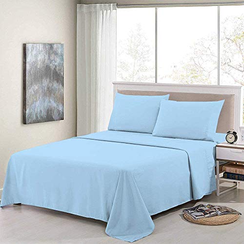 6 PC Sheet Set Bamboo Sheets Deep Pockets 32 CM, 100% Organic Cotton Eco Friendly Wrinkle Free Sheets Machine Washable Hotel Bedding Silky Soft, Light Blue Solid, UK King Size