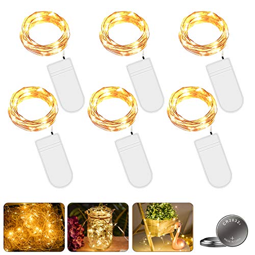 6 Piezas Cadena de Luces con Pilas, 20 LEDs 2M Alambre de Cobre Guirnaldas Luces, Luces de Cadena Micro Cobre, IP65 Impermeable Luces Decorativas para Interiores, Navidad, Exteriores, Fiestas, Bodas