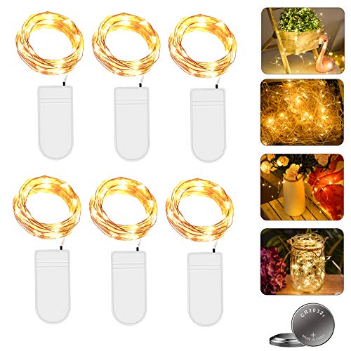 6 Piezas Cadena de Luces con Pilas, 20 LEDs 2M Luces de Cadena Micro Cobre, Alambre de Cobre Guirnaldas Luces, IP65 Impermeable Luces Decorativas para Navidad, Fiesta, Hogar, Bodas (Blanco Cálido)