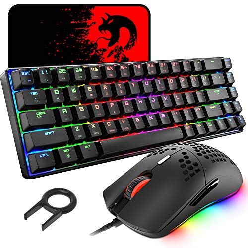 60% Teclado mecánico para Juegos Switch Azul iluminación RGB Ergonómica Mini 68 Teclas + Ratón Ligero Gaming RGB 6400DPI + Alfombrilla de ratón - Negro