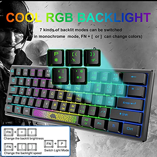 60% Teclado para Juegos con Teclas de Membrana Profesional, Mini Compacto 62 Teclas, USB Cable Teclado Gaming, RGB Chroma Rainbow Retroiluminado, QWERTY Layout, Ultraligero, para PC Mac Laotop-Negro