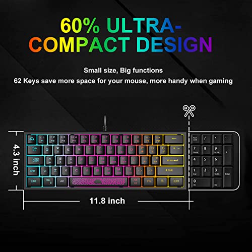 60% Teclado para Juegos con Teclas de Membrana Profesional, Mini Compacto 62 Teclas, USB Cable Teclado Gaming, RGB Chroma Rainbow Retroiluminado, QWERTY Layout, Ultraligero, para PC Mac Laotop-Negro