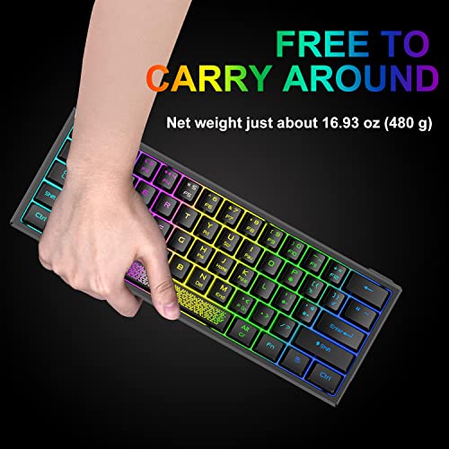 60% Teclado para Juegos con Teclas de Membrana Profesional, Mini Compacto 62 Teclas, USB Cable Teclado Gaming, RGB Chroma Rainbow Retroiluminado, QWERTY Layout, Ultraligero, para PC Mac Laotop-Negro