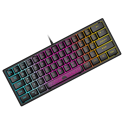 60% Teclado para Juegos con Teclas de Membrana Profesional, Mini Compacto 62 Teclas, USB Cable Teclado Gaming, RGB Chroma Rainbow Retroiluminado, QWERTY Layout, Ultraligero, para PC Mac Laotop-Negro