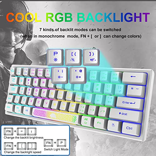 60% Teclado para Juegos con Teclas de Membrana Profesional, Mini Compacto 62 Teclas, USB Cable Teclado Gaming, RGB Chroma Rainbow Retroiluminado, QWERTY Layout, Ultraligero, para PC Mac Laotop-Blanco