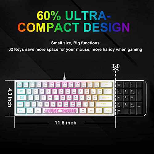 60% Teclado para Juegos con Teclas de Membrana Profesional, Mini Compacto 62 Teclas, USB Cable Teclado Gaming, RGB Chroma Rainbow Retroiluminado, QWERTY Layout, Ultraligero, para PC Mac Laotop-Blanco
