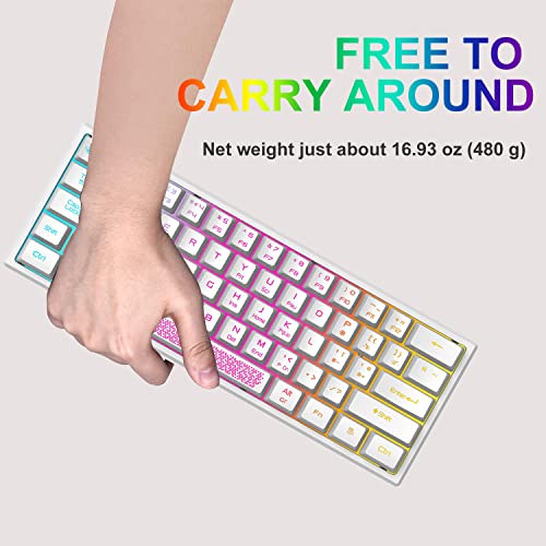 60% Teclado para Juegos con Teclas de Membrana Profesional, Mini Compacto 62 Teclas, USB Cable Teclado Gaming, RGB Chroma Rainbow Retroiluminado, QWERTY Layout, Ultraligero, para PC Mac Laotop-Blanco