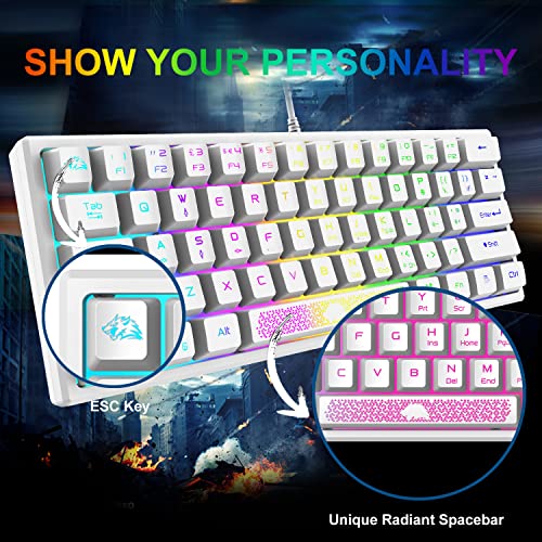 60% Teclado para Juegos con Teclas de Membrana Profesional, Mini Compacto 62 Teclas, USB Cable Teclado Gaming, RGB Chroma Rainbow Retroiluminado, QWERTY Layout, Ultraligero, para PC Mac Laotop-Blanco
