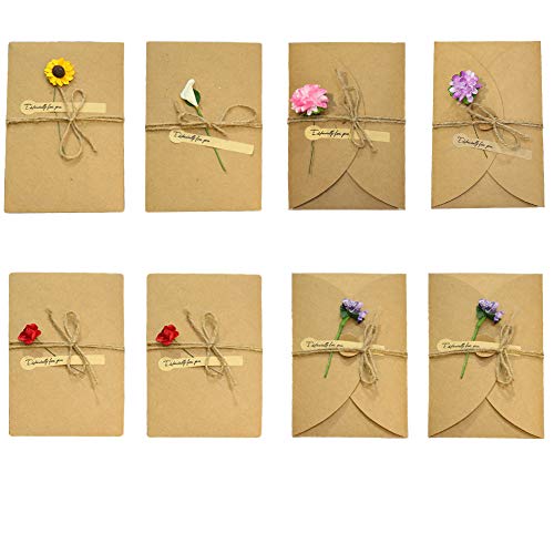 8 Postales Vintage de 17,5 x 11 cm con Flores Secas Decoradas Postales, Tarjetas con Sobre, Hechas a Mano Retro de Papel Kraft Para Tarjetas de Felicitación