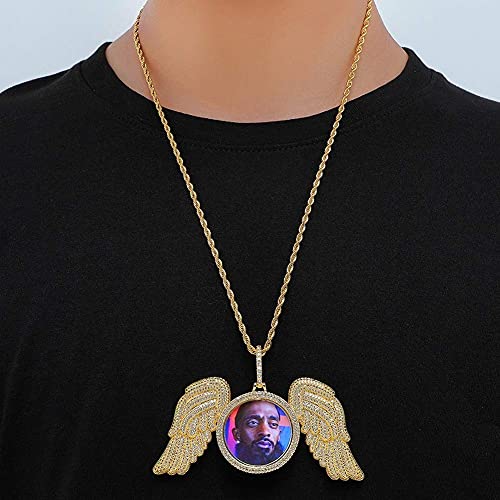 Accesorios de moda， Joyería personalizada Iced Out Picture / Photo Memory Memoria Ronda Alas Pendiente Hip Hop Copper Base 18k Chapado en oro CZ Collar de diamante simulado con cadena de cuerda de ace