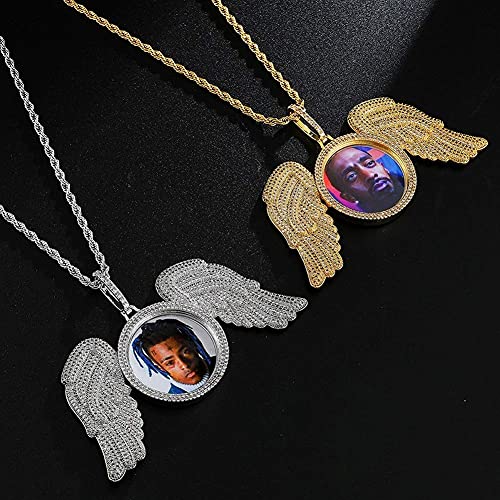 Accesorios de moda， Joyería personalizada Iced Out Picture / Photo Memory Memoria Ronda Alas Pendiente Hip Hop Copper Base 18k Chapado en oro CZ Collar de diamante simulado con cadena de cuerda de ace