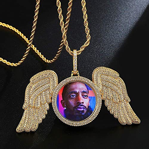 Accesorios de moda， Joyería personalizada Iced Out Picture / Photo Memory Memoria Ronda Alas Pendiente Hip Hop Copper Base 18k Chapado en oro CZ Collar de diamante simulado con cadena de cuerda de ace