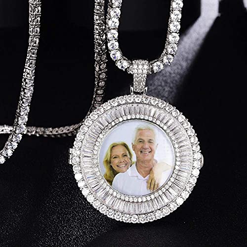 Accesorios de moda， Personalizado Personalizado Iced Out Photo Memory Redondo Pendiente Hip Hop Base de cobre 18k chapado en oro CZ Collar simulado de medallones de diamante con cadena de cuerda de ac