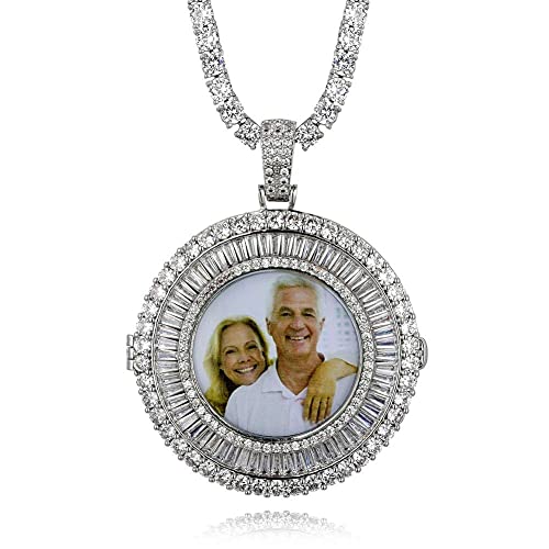 Accesorios de moda， Personalizado Personalizado Iced Out Photo Memory Redondo Pendiente Hip Hop Base de cobre 18k chapado en oro CZ Collar simulado de medallones de diamante con cadena de cuerda de ac