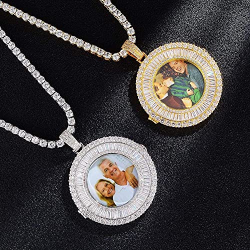 Accesorios de moda， Personalizado Personalizado Iced Out Photo Memory Redondo Pendiente Hip Hop Base de cobre 18k chapado en oro CZ Collar simulado de medallones de diamante con cadena de cuerda de ac