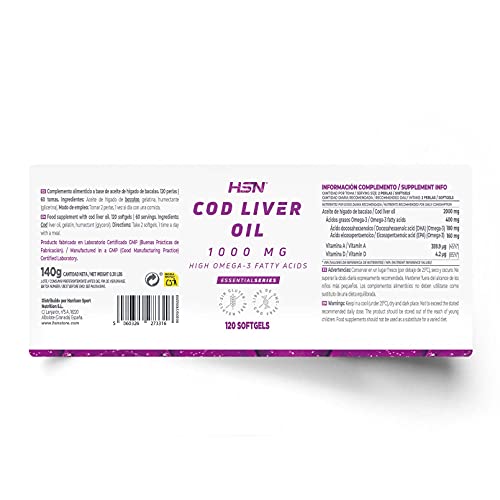 Aceite de Hígado de Bacalao de HSN | 1000mg | Cod Liver Oil | Fuente Ácidos Grasos Omega 3 | Con EPA, DHA, Vitamina A y Vitamina D | No-GMO, Sin Gluten, Sin Lactosa | 120 Perlas