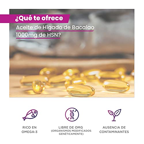 Aceite de Hígado de Bacalao de HSN | 1000mg | Cod Liver Oil | Fuente Ácidos Grasos Omega 3 | Con EPA, DHA, Vitamina A y Vitamina D | No-GMO, Sin Gluten, Sin Lactosa | 120 Perlas