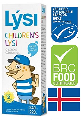 Aceite de hígado de bacalao Lysi - Sabor natural Omega 3 - Rico en EPA, DHA y vitamina A, D, E - 240 ml Fórmula para niños y adultos, Fish Cod Liver Oil