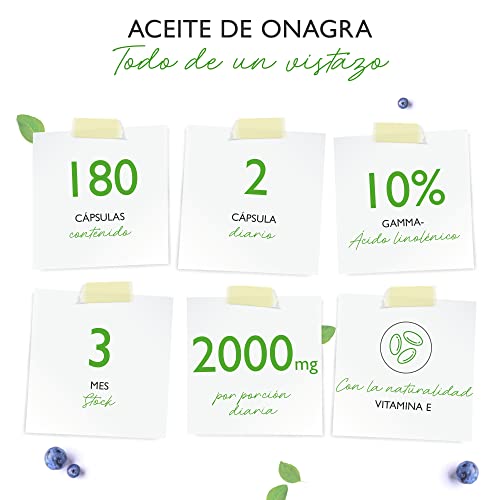 Aceite de onagra - 180 cápsulas - Altamente dosificado con 2000 mg por dosis diaria - Premium: 10% de ácido gamma-linolénico GLA, con vitamina E natural y prensado en frío
