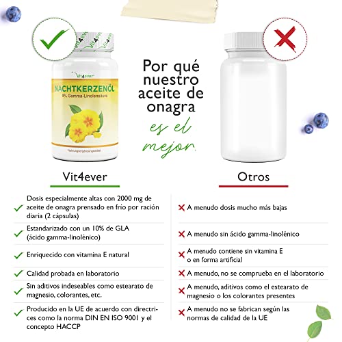 Aceite de onagra - 180 cápsulas - Altamente dosificado con 2000 mg por dosis diaria - Premium: 10% de ácido gamma-linolénico GLA, con vitamina E natural y prensado en frío