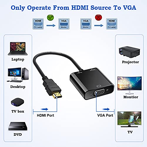 Adaptador HDMI a VGA, HDMI a VGA (Macho a Hembra) 1080P Convertidor con Audio y Mirco USB Cable de Carga para PC, Portátiles, HDTV, Proyectores, PS4/3 Xbox y Otros Dispositivos HDMI