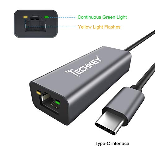 Adaptador USB-C a Ethernet, Techkey USB C a RJ45 Gigabit Ethernet Adaptador de red para Windows 7-10 /Vista/XP, Mac OS X 10.9-11.1, para MacBook Pro, Dell XPS, ChromeBook, Galaxy S9/S8 etc.