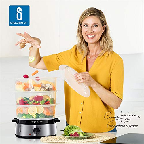 Aigostar Fitfoodie Steel - Vaporera eléctrica 800W, 3 recipientes Independientes (Capacidad Total 9l), Cuenco para Preparar arroz, Libre de BPA, Temporizador 60 Minutos y base en acero inoxidable.
