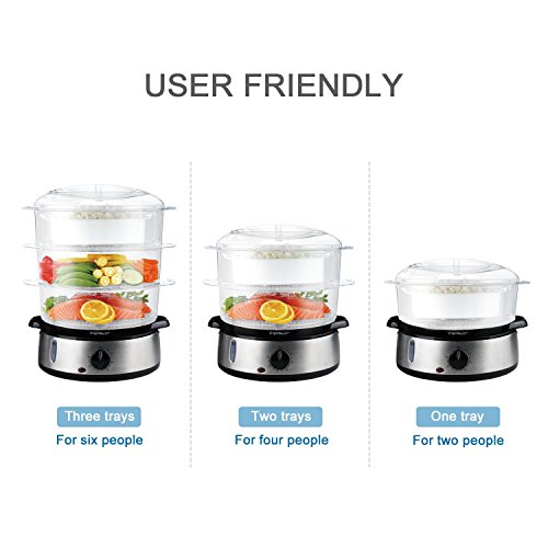 Aigostar Fitfoodie Steel - Vaporera eléctrica 800W, 3 recipientes Independientes (Capacidad Total 9l), Cuenco para Preparar arroz, Libre de BPA, Temporizador 60 Minutos y base en acero inoxidable.