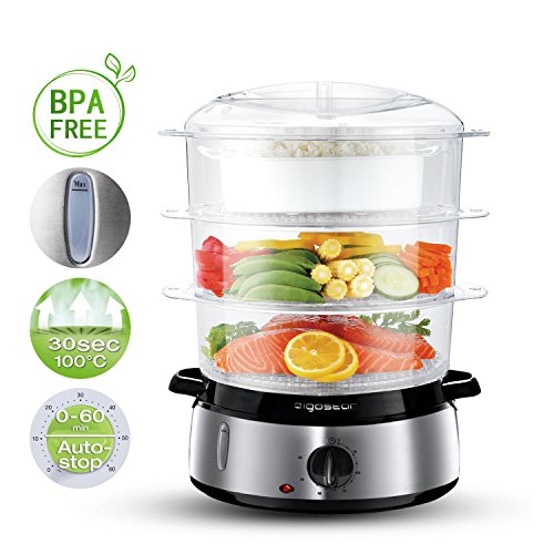 Aigostar Fitfoodie Steel - Vaporera eléctrica 800W, 3 recipientes Independientes (Capacidad Total 9l), Cuenco para Preparar arroz, Libre de BPA, Temporizador 60 Minutos y base en acero inoxidable.
