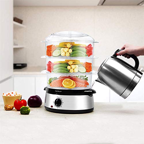 Aigostar Fitfoodie Steel - Vaporera eléctrica 800W, 3 recipientes Independientes (Capacidad Total 9l), Cuenco para Preparar arroz, Libre de BPA, Temporizador 60 Minutos y base en acero inoxidable.