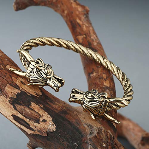 AILUOR - Pulsera de dragón de doble cabeza para hombre, ajustable, acero inoxidable, color dorado y plateado, joyería con brazaletes trenzados pulidos