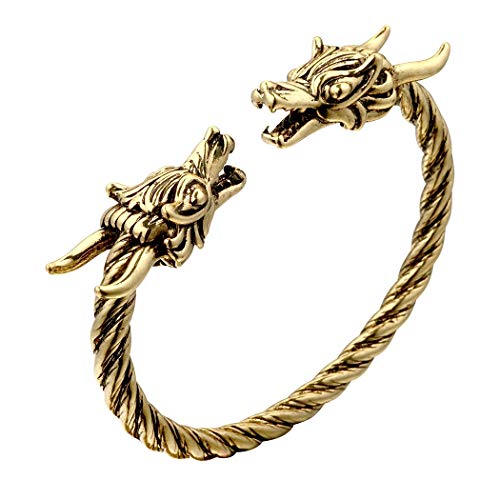 AILUOR - Pulsera de dragón de doble cabeza para hombre, ajustable, acero inoxidable, color dorado y plateado, joyería con brazaletes trenzados pulidos