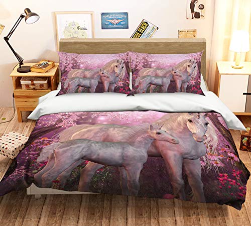 AJ WALLPAPER 282 - Juego de funda de edredón y funda de almohada con diseño de unicornio en 3D para cama de matrimonio, tamaño queen y king. Zoe (doble)