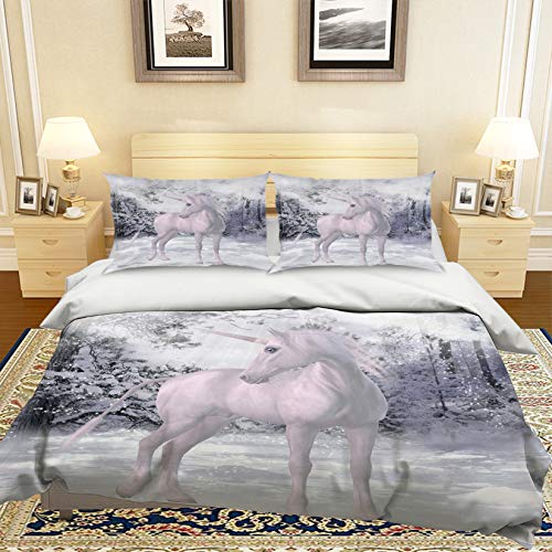 AJ WALLPAPER - Juego de funda de edredón y fundas de almohada para cama individual, reina y king en 3D, diseño de unicornio de Nieve (2 camas)