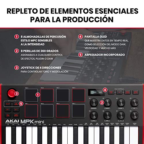 AKAI Professional MPK Mini MK3 - Teclado Controlador MIDI USB de 25 Teclas con 8 Drum Pads, 8 Perillas y Software de Producción Musical Incluido, Standard
