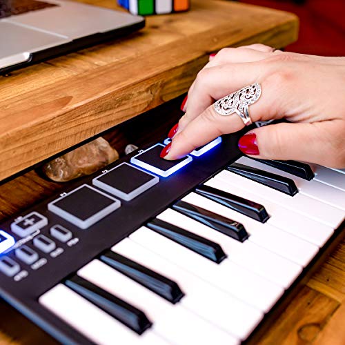 Alesis V-Mini - Teclado Controlador USB MIDI portátil 25 teclas, 4 almohadillas sensibles retroiluminadas, 4 codificadores asignables y un paquete de software profesional con ProTools | First incluido