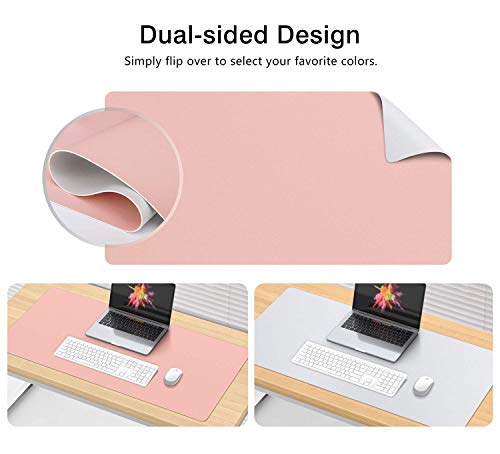 Alfombrilla Ratón Escritorio Grande 800x400x2mm Antideslizante e Impermeable Cuero PU Ideal para Portátil, Teclado, Gaming Hogar y Oficina Ultra Delgada Doble Cara-rosa y plata