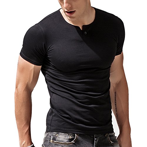 Alivebody - Camiseta de algodón de manga corta tipo Henley con botón para hombre 8302 negro S