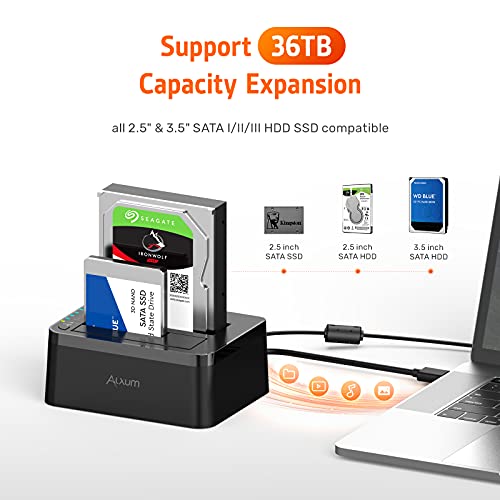 Alxum Estación de Acoplamiento de Disco Duro USB C, Dos bahías Tipo C USB 3.0 a SATA Disco Duro Caddy Dock con función de clonación sin conexión para 2.5 Pulgadas y 3.5 Pulgadas HDD SSD