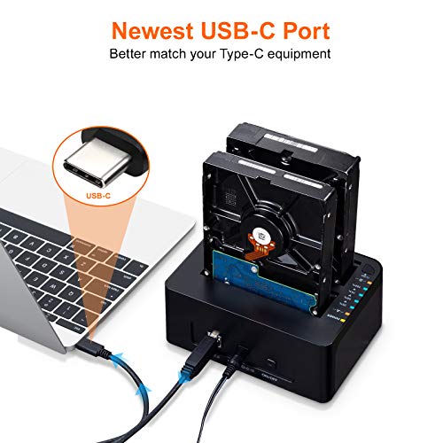 Alxum Estación de Acoplamiento de Disco Duro USB C, Dos bahías Tipo C USB 3.0 a SATA Disco Duro Caddy Dock con función de clonación sin conexión para 2.5 Pulgadas y 3.5 Pulgadas HDD SSD