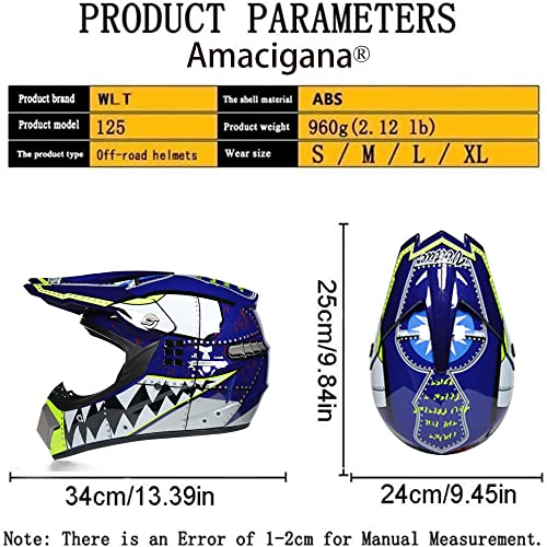 Amacigana® Juego de casco de motocross completo con gafas, guantes, máscara, casco de motocross, casco de cross, casco para niños y adultos, protección de seguridad (azul, L)