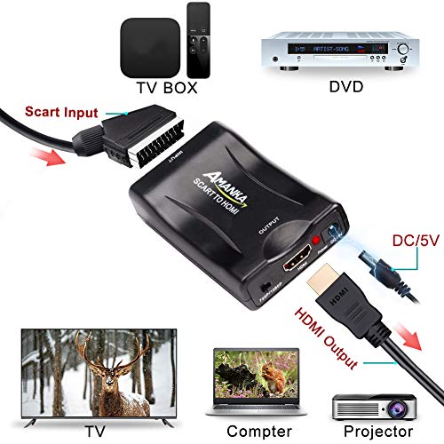 AMANKA Convertidor Euroconector a HDMI Conversor de Audio Vídeo 1080p Reproductor de Adaptador Entrada Scart Salida HDMI Apoyo 720/1080P para HDTV,DVD BLU-Ray,VCR,Proyector,VHS,PS1,PS2,Xbox