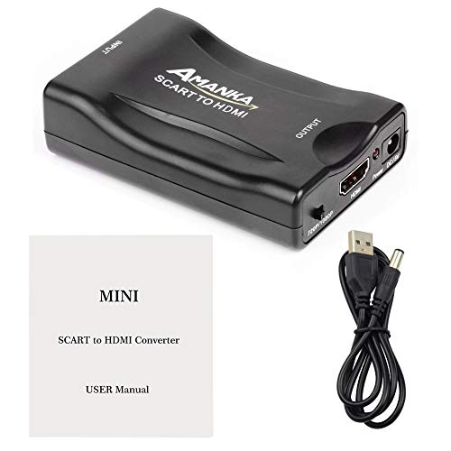 AMANKA Convertidor Euroconector a HDMI Conversor de Audio Vídeo 1080p Reproductor de Adaptador Entrada Scart Salida HDMI Apoyo 720/1080P para HDTV,DVD BLU-Ray,VCR,Proyector,VHS,PS1,PS2,Xbox