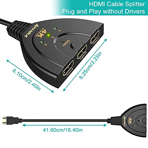 AMANKA HDMI Switch Conmutador HDMI 3D 4K, HDMI Switch 3 en 1 Compatible PS4 PS3 Xbox Switch Chromecast DVD BLU-Ray Decodificador Movistar Receptor Satélite TV