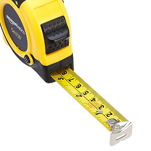 Amazon Basics - Cinta métrica con cierre automático (5 metros), escala métrica y en pulgadas, diseño con 3 puntos de bloqueo precisión MID