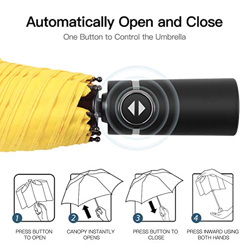 Amazon Brand - Eono Paraguas Plegable Automático Impermeable, Paraguas de Viaje a Prueba de Viento, Folding Umbrella, Recubrimiento de Teflón&Dosel Reforzado, Mango Ergonómico - Amarillo