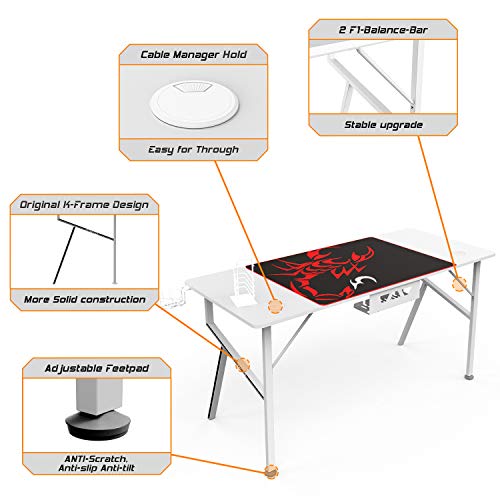 Amazon Brand – Umi Gaming Desk K55 Escritorio para PC K en forma de mesa de juegos, escritorio de computadora con alfombrilla de ratón gratis para el hogar y la oficina – 140 x 60 cm, color blanco