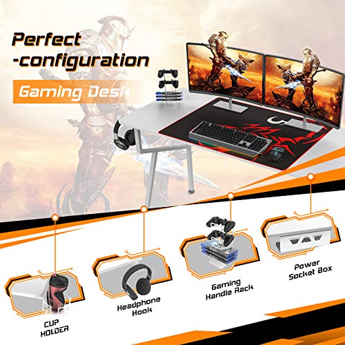 Amazon Brand – Umi Gaming Desk K55 Escritorio para PC K en forma de mesa de juegos, escritorio de computadora con alfombrilla de ratón gratis para el hogar y la oficina – 140 x 60 cm, color blanco