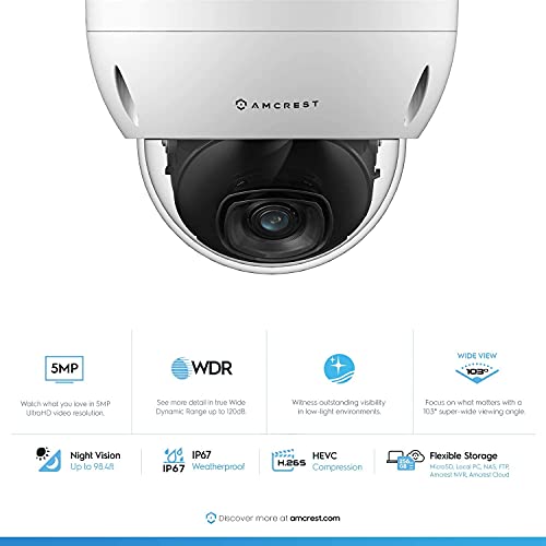 Amcrest 5MP POE Cámara de seguridad IP5M-D1188EW-28MM POE IP, 5 Mpx, 98 pies NightVision, lente de 2,8 mm, IP67, resistencia IK10, MicroSD de 256 GB (se vende por separado), Cloud (IP5M-D1188EW-28MM)